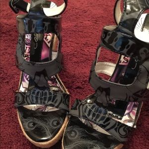 NWOT Ed Hardy black ankle wrap wedges